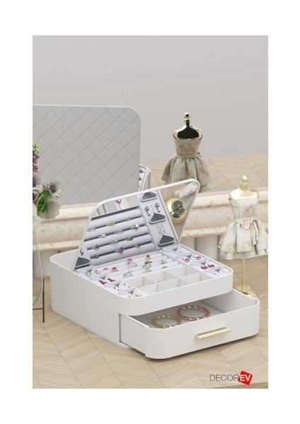 Aynalı Çok Bölmeli Çekmeceli Makyaj Takı Organizer Krem modelleri