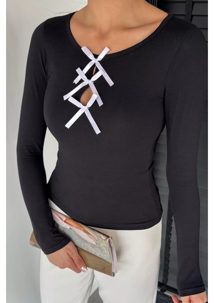 Önü Fiyonk Detaylı Uzun Kol Kadın Body Bluz P-00018941