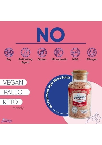 Purelife Himalaya Tuzu - Granül Kristal Kaya Tuzu Pembe - Mantar Tıpalı Cam Şişe - 350 gr modelleri