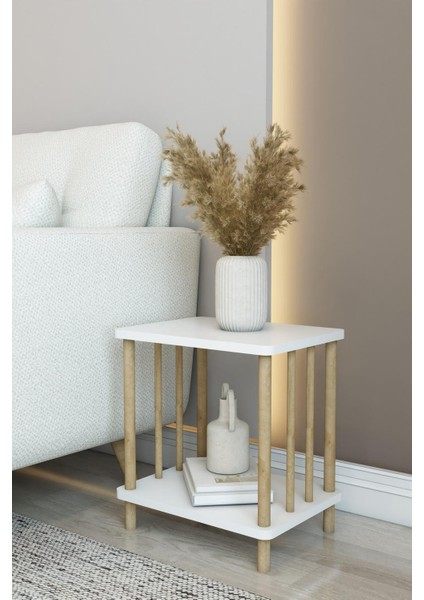 Iki Katlı Beyaz Ahşap Tasarım Yan Sehpa-Komidin Şık ve Kullanışlı Dekoratif Mobilya