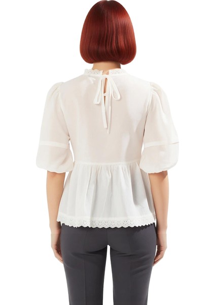 Kadın Pamuklu Brode Detaylı Kısa Kollu Bluz Kaliteli Şık Rahat Modern Zarif Günlük modelleri