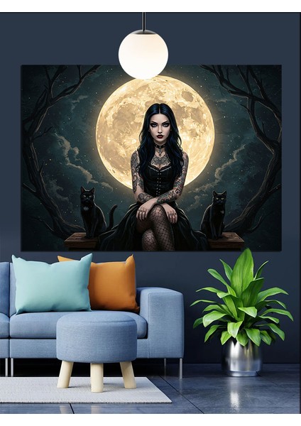 Dolunayda Siyah Elbiseli Kadın Dekoratif Kanvas - Mdf Ahşap Tablo fiyatları