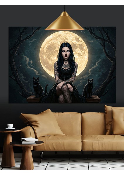 Dolunayda Siyah Elbiseli Kadın Dekoratif Kanvas - Mdf Ahşap Tablo modelleri