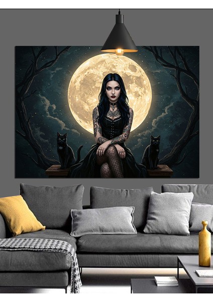 Dolunayda Siyah Elbiseli Kadın Dekoratif Kanvas - Mdf Ahşap Tablo fırsatları