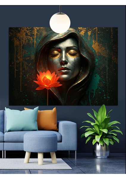 Altın Yapraklı Kadın Portresi Dekoratif Kanvas - Mdf Ahşap Tablo