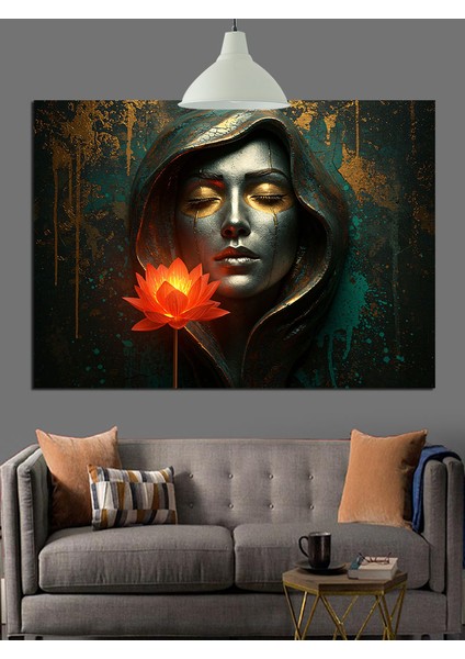 Altın Yapraklı Kadın Portresi Dekoratif Kanvas - Mdf Ahşap Tablo fırsatları