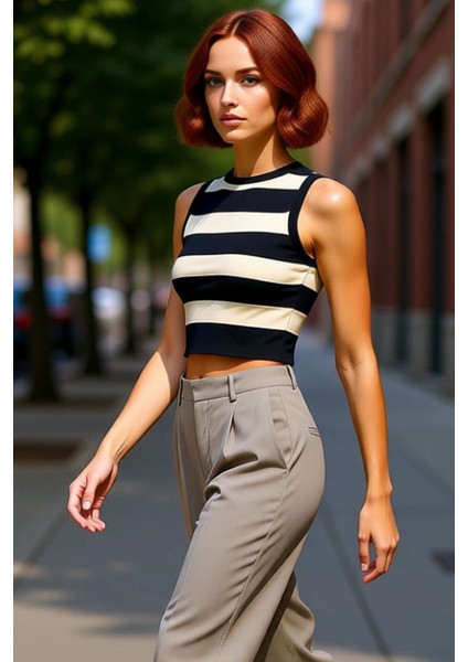 Kadın Çizgili Bisiklet Yaka Ince Triko Crop Üst Kaliteli Şık Rahat Modern Zarif Günlük fırsatları