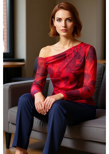 Kadın Moda Şık Üst Giyim Regular Asimetrik Yaka Düşük Kol Slim Kalıp Örme Siyah Tül Astarlı Bluz