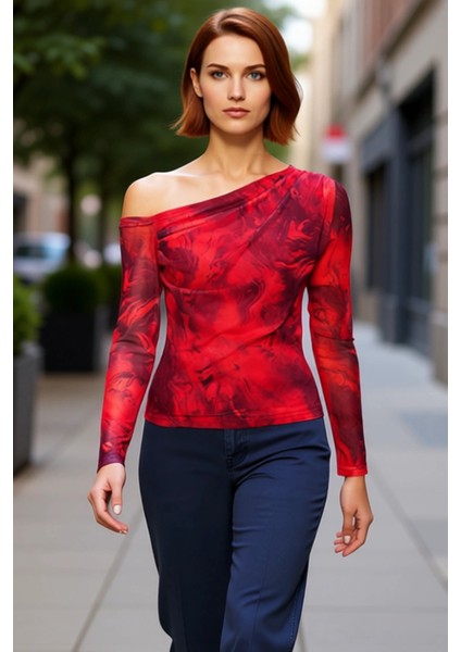 Kadın Moda Şık Üst Giyim Regular Asimetrik Yaka Düşük Kol Slim Kalıp Örme Siyah Tül Astarlı Bluz fırsatları