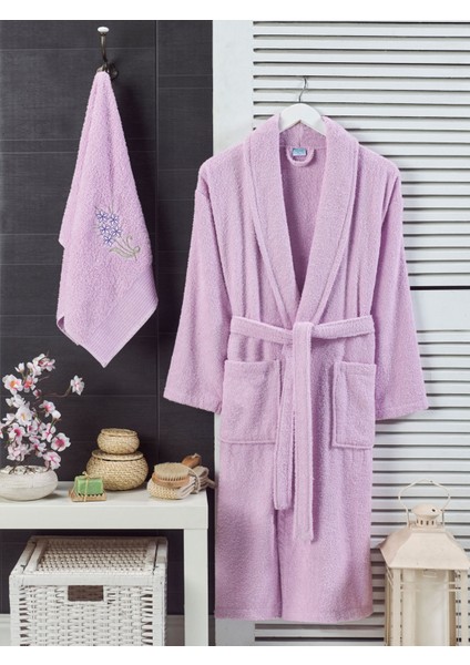 Shine Pamuklu Nakışlı Işlemeli Şal Yaka Bornoz - Saç Havlu Set