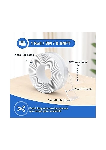 Çift Taraflı Bant Ağır Hizmet Tipi, Su Geçirmez Akrilik Çift Taraflı Yapışkan Şeffaf Bant, Duvarlar/halı/halılar Için Çıkarılabilir Yapışkan Bant(3m x 2cm x 1mm) fiyatları