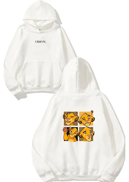 Simba Tasarım Baskılı Oversize Beyaz Kapüşonlu Sweatshirt