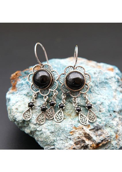 925 Ayar Gümüş Oltu Taşı Kadın Küpe SKÜ00044