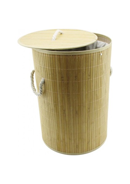 Yuvarlak Bambu Ahşap Kirli Çamaşır Sepeti 35X60CM Seyyar Kapaklı Içi Bezli Ip Kulplu (5324)