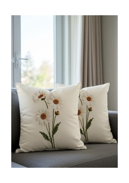 Nakış Desen Baskılı Dekoratif Desenli Kadife Kırlent Kılıfı, 2&apos;li Set, Krem Zemin, Baskılı fiyatları