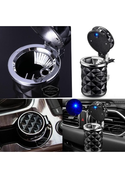 Üniversal Kristal Pırlanta Taş Görünümlü Mavi LED Işıklı Lüx Oto Küllük Kapaklı Spor Araç Içi Küllük Araba Küllüğü Siyah ONK16