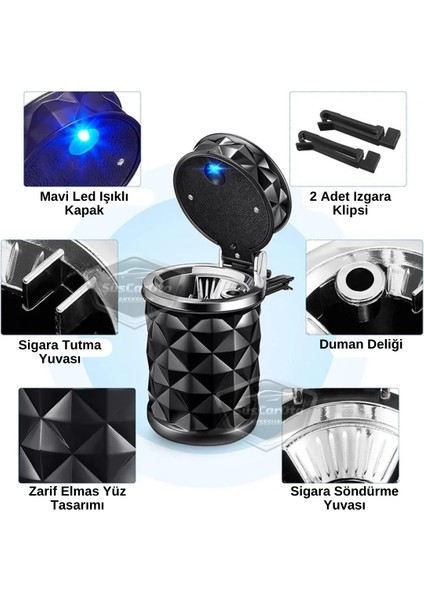 Üniversal Kristal Pırlanta Taş Görünümlü Mavi LED Işıklı Lüx Oto Küllük Kapaklı Spor Araç Içi Küllük Araba Küllüğü Siyah ONK16 fiyatları