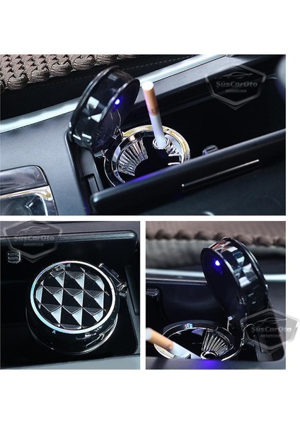 Üniversal Kristal Pırlanta Taş Görünümlü Mavi LED Işıklı Lüx Oto Küllük Kapaklı Spor Araç Içi Küllük Araba Küllüğü Siyah ONK16 fırsatları