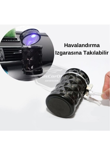 Üniversal Kristal Pırlanta Taş Görünümlü Mavi LED Işıklı Lüx Oto Küllük Kapaklı Spor Araç Içi Küllük Araba Küllüğü Siyah ONK16