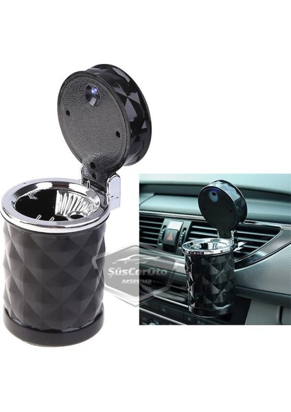 Üniversal Kristal Pırlanta Taş Görünümlü Mavi LED Işıklı Lüx Oto Küllük Kapaklı Spor Araç Içi Küllük Araba Küllüğü Siyah ONK16