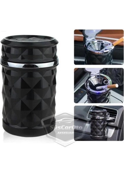 Üniversal Kristal Pırlanta Taş Görünümlü Mavi LED Işıklı Lüx Oto Küllük Kapaklı Spor Araç Içi Küllük Araba Küllüğü Siyah ONK16