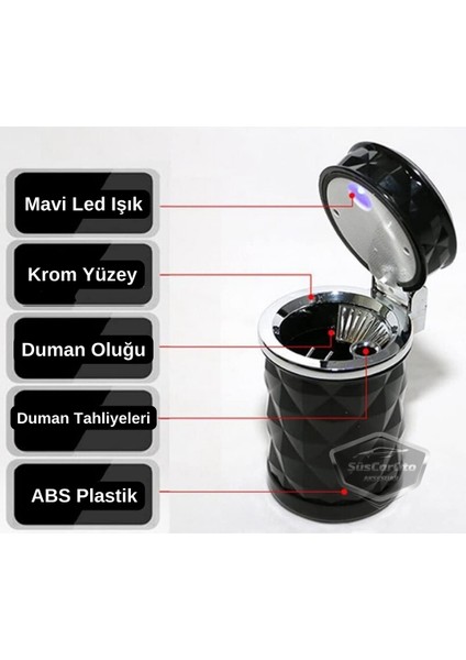 Üniversal Kristal Pırlanta Taş Görünümlü Mavi LED Işıklı Lüx Oto Küllük Kapaklı Spor Araç Içi Küllük Araba Küllüğü Siyah ONK16