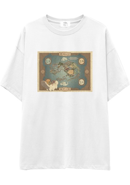 Avatar The Last Airbender Map Oversize Tişört - Beyaz