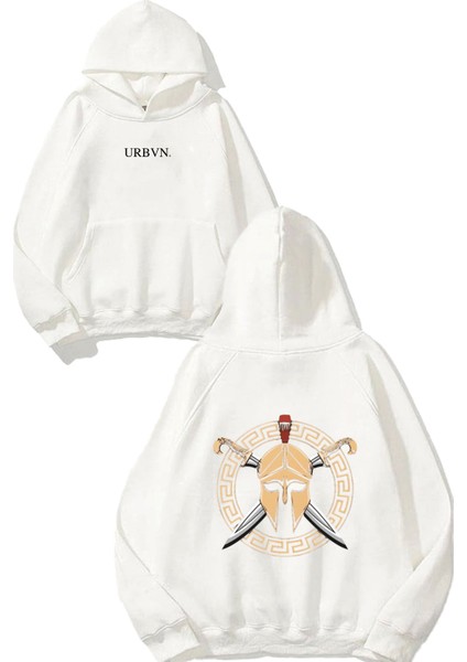 Gladyatör Silah Tasarım Baskılı Oversize Beyaz Kapüşonlu Sweatshirt