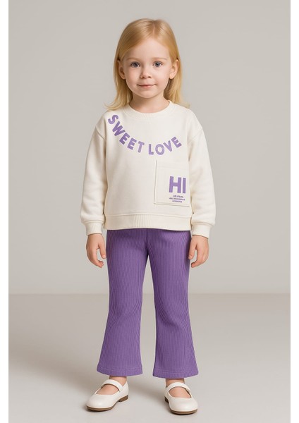 Yazı Baskılı Ispanyol Paça Detaylı Kız Çocuk Takım