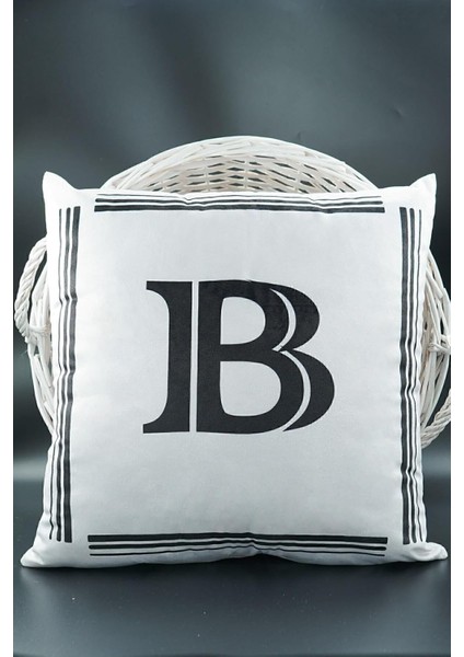 Harfli Kırlent Kılıfı Kadife 43X43 cm Çift Taraflı B Harfi Kedi Desenli Evlilik Teklifi Doğum Günü