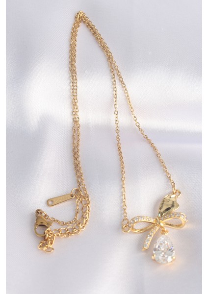 316L Çelik Zincir Altın Renk Zirkon Taşlı Damla Detay Fiyonk Kolye fiyatları