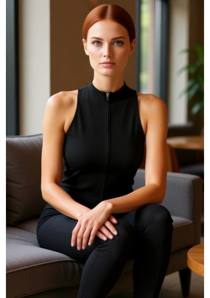 Kadın Fermuarlı Dik Yaka Kolsuz Örme Spor Üst Kaliteli Şık Rahat Modern Zarif Günlük