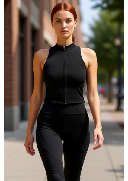 Kadın Fermuarlı Dik Yaka Kolsuz Örme Spor Üst Kaliteli Şık Rahat Modern Zarif Günlük fırsatları