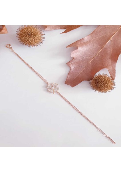 Gümüş Rose Kalpli Yonca Kadın Bileklik