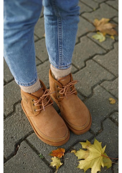 Bağcıklı Süet Tüylü Kadın Bot - Taba fırsatları