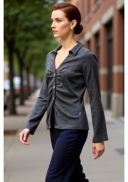 Kadın Polo Yaka Düğmeli Büzgülü Esnek Örme Kaliteli Şık Rahat Modern Zarif Günlük