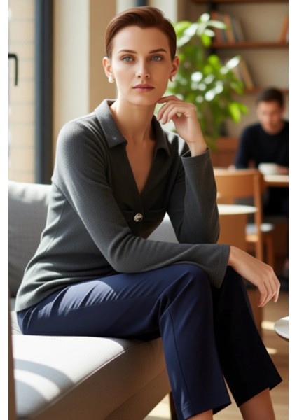 Kadın Polo Yaka Düğmeli Büzgülü Esnek Örme Kaliteli Şık Rahat Modern Zarif Günlük fiyatları