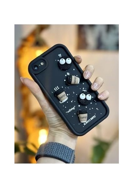 Go Aksesuar 7 Plus ve 8 Plus ile Uyumlu Siyah Coffee Kurabiye Tasarım Kılıf modelleri