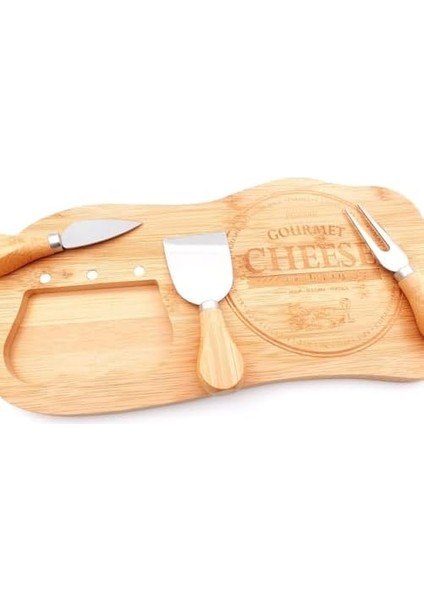 Bambu Peynir Sunum Tabağı, 3 Parça Peynir Bıçağı ve Çatalı Seti, Toplam 4 Parça, ve Şık Bambu Peynir Tabağı, Kaliteli Bambu Sunum Seti 33X17 cm Ebatlarında fiyatları