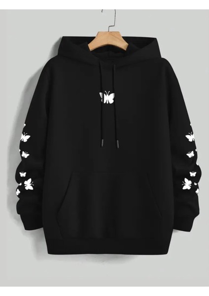 Punıx Büyük Beden Özel Tasarım Kapüşonlu Minimal Kelebekler Baskılı %100 Pamuk Oversize Kadın Sweatshırt