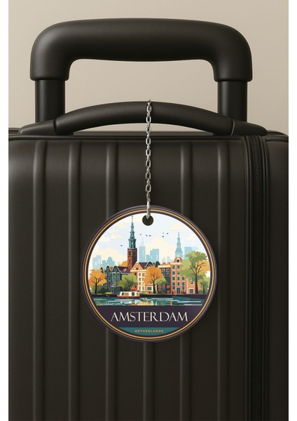 Amsterdam Desenli Uv Baskılı Pleksi Bavul Etiketi Seyahat Tatil Valiz Etiketi