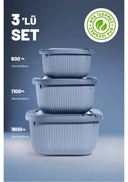 3’lü Saklama Kabı Seti – Sızdırmaz Kapaklı, Mikrodalga ve Dondurucu Uyumlu