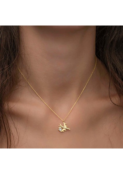 Gümüş Gold Tek Taşlı Uçak Kadın Kolye fiyatları