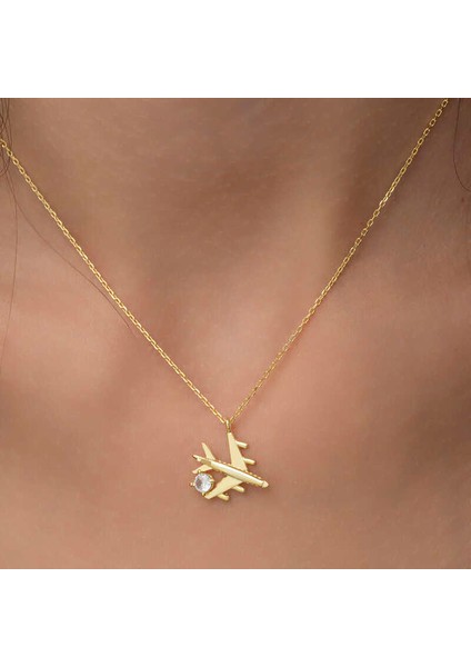 Gümüş Gold Tek Taşlı Uçak Kadın Kolye indirimleri