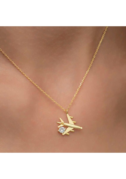 Gümüş Gold Tek Taşlı Uçak Kadın Kolye