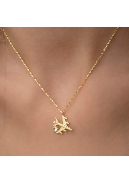 Gümüş Gold Tek Taşlı Uçak Kadın Kolye