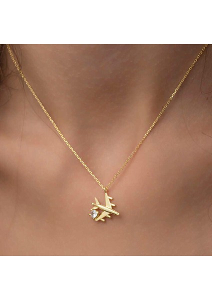 Gümüş Gold Tek Taşlı Uçak Kadın Kolye