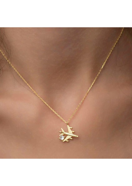 Gümüş Gold Tek Taşlı Uçak Kadın Kolye