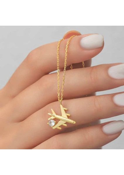 Gümüş Gold Tek Taşlı Uçak Kadın Kolye