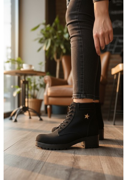 Modesa Hakiki Nubuk Deri Siyah Yıldızlı Fermuarlı & Bağcıklı Kadın Bot fırsatları